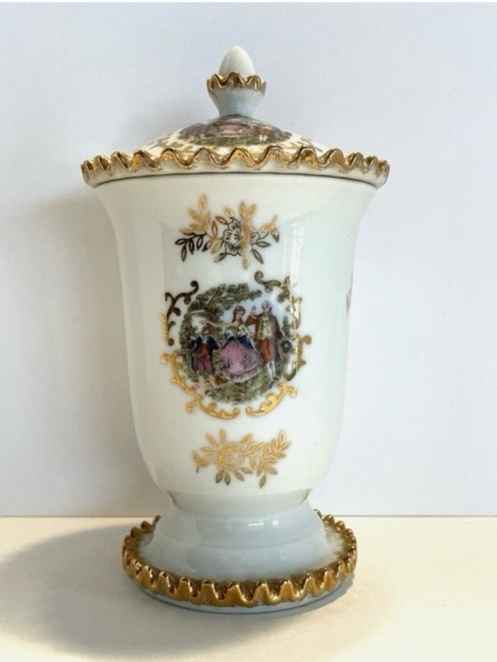Vintage Lefton Porcelain Lidded Jar/Urn Hand Painted Courting Couple Gold Trim